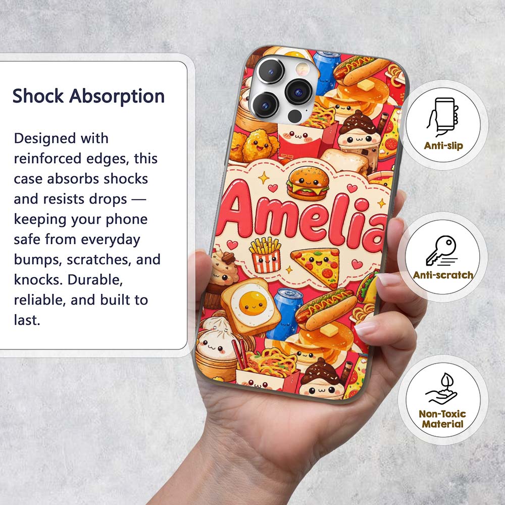 Cute Kawaii Fast Food Junk Snacks Printed Design Custom Name Protective Phone Case Mobile Cover Durable Everyday Smartphone Shock Resistant