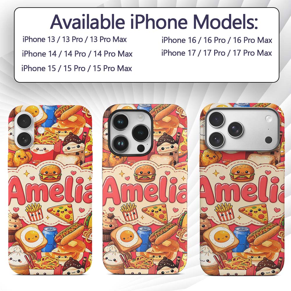 Cute Kawaii Fast Food Junk Snacks Printed Design Custom Name Protective Phone Case Mobile Cover Durable Everyday Smartphone Shock Resistant