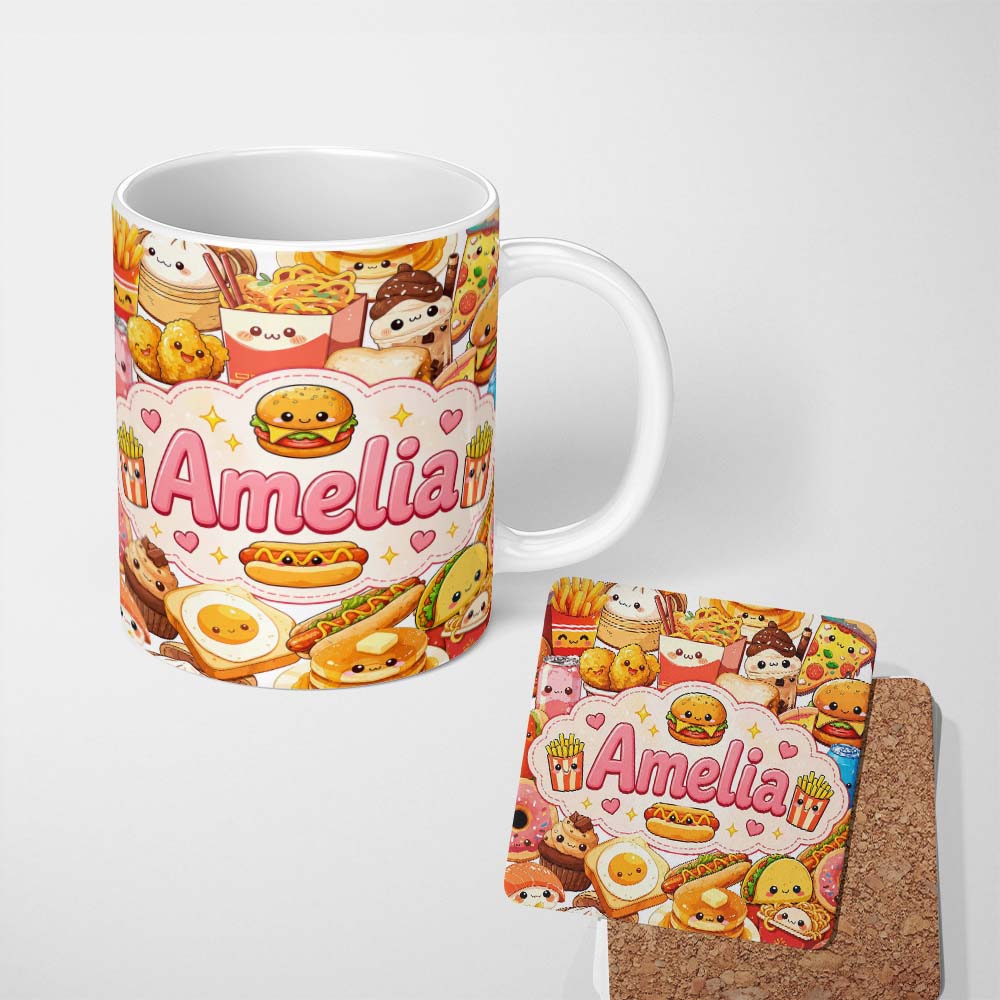 Personalized Custom Name Cute Kawaii Fast Food Junk Snack Collage Seamless Pattern White 11oz Ceramic Coffee Tea Mug White Large Handle