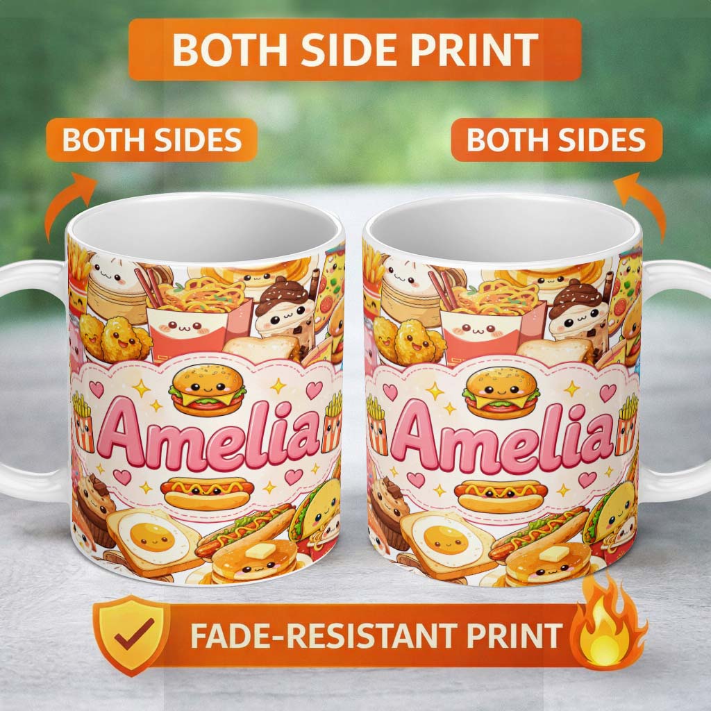 Personalized Custom Name Cute Kawaii Fast Food Junk Snack Collage Seamless Pattern White 11oz Ceramic Coffee Tea Mug White Large Handle