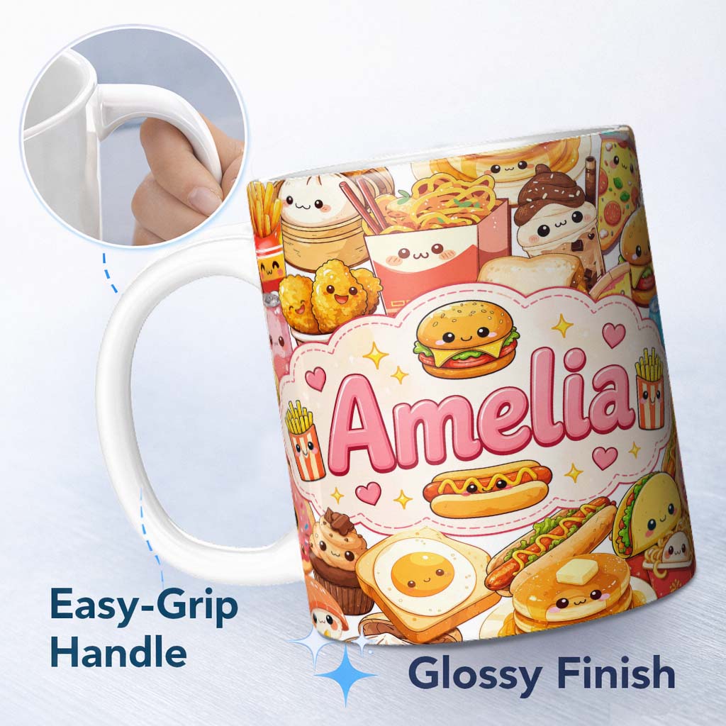 Personalized Custom Name Cute Kawaii Fast Food Junk Snack Collage Seamless Pattern White 11oz Ceramic Coffee Tea Mug White Large Handle