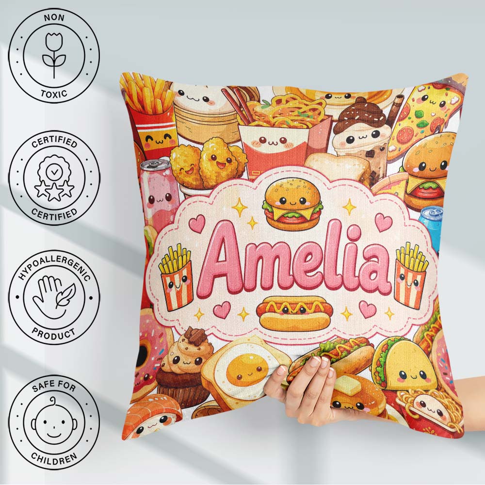 Custom Name Kawaii Fast Food Junk Snack Collage Seamless Pattern Square Filled Cushion Throw Pillow Sofa Bed Home Decor Zip Washable UK Made