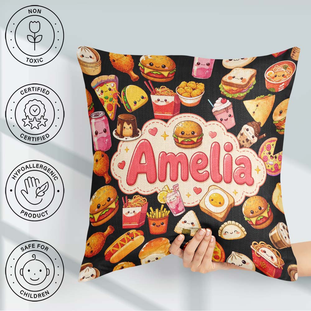 Custom Name Kawaii Fast Food Sushi Dessert Snacks Seamless Black Square Filled Cushion Throw Pillow Sofa Bed Home Decor Zip Washable UK Made