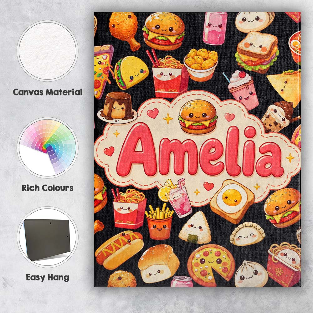 Personalised Name Cute Kawaii Fast Food Custom Modern Room Accent Elegant Feature Canvas Wall Art Print Decor Picture Ready to Hang