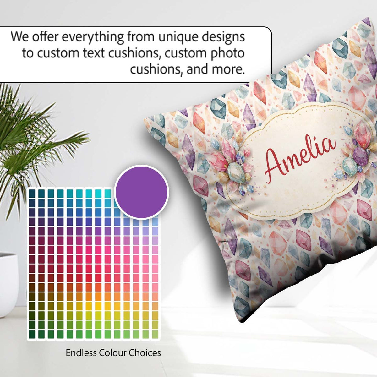 Custom Name Multicolor Crystal Seamless Soft Background Abstract Square Filled Cushion Throw Pillow Sofa Bed Home Decor Zip Washable UK Made