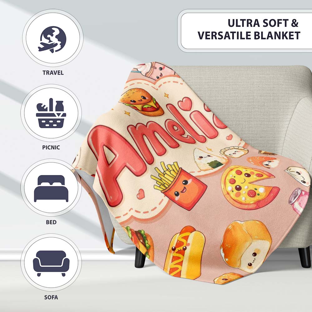 Cute Kawaii Fast Food Sushi Dessert Snacks Seamless Pattern Peach Personalised Custom Name Super Soft Fleece Blanket Bed Sofa Throw