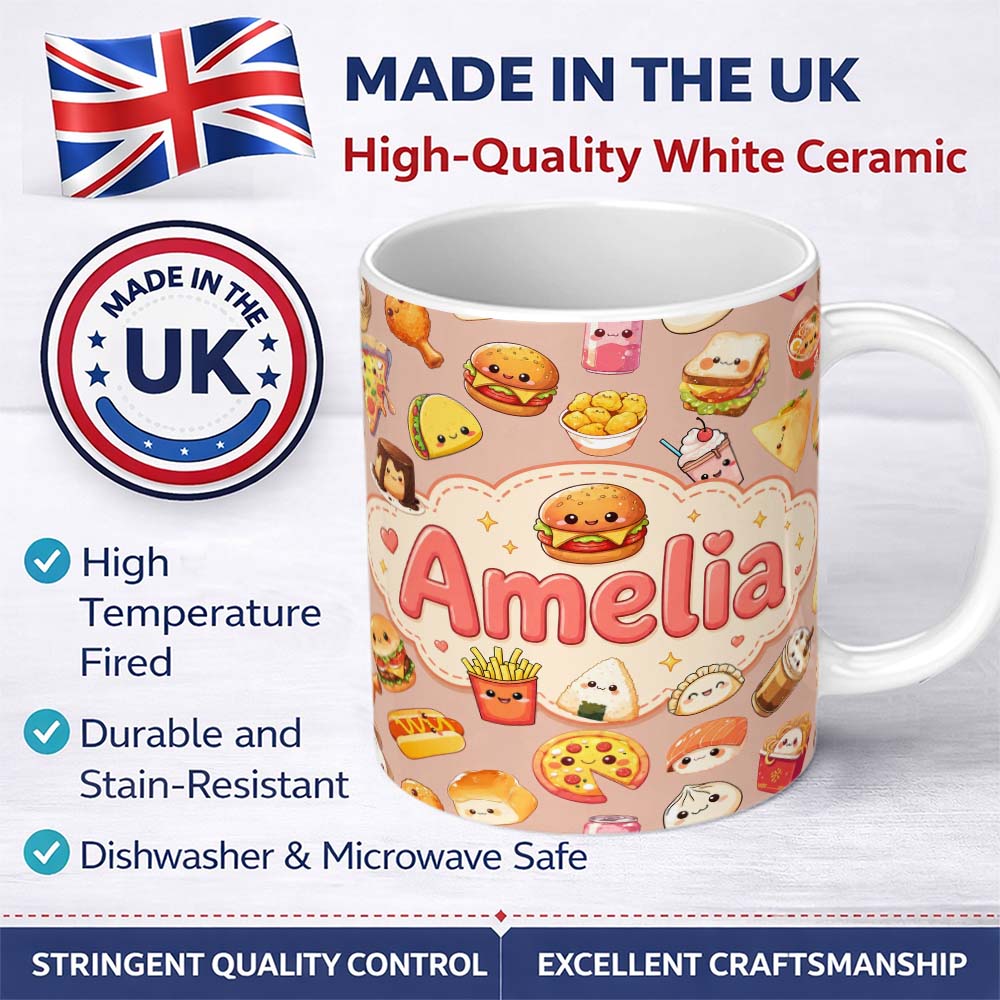 Personalized Custom Name Cute Kawaii Fast Food Sushi Dessert Snacks Seamless Pattern Peach 11oz Ceramic Coffee Tea Mug White Large Handle