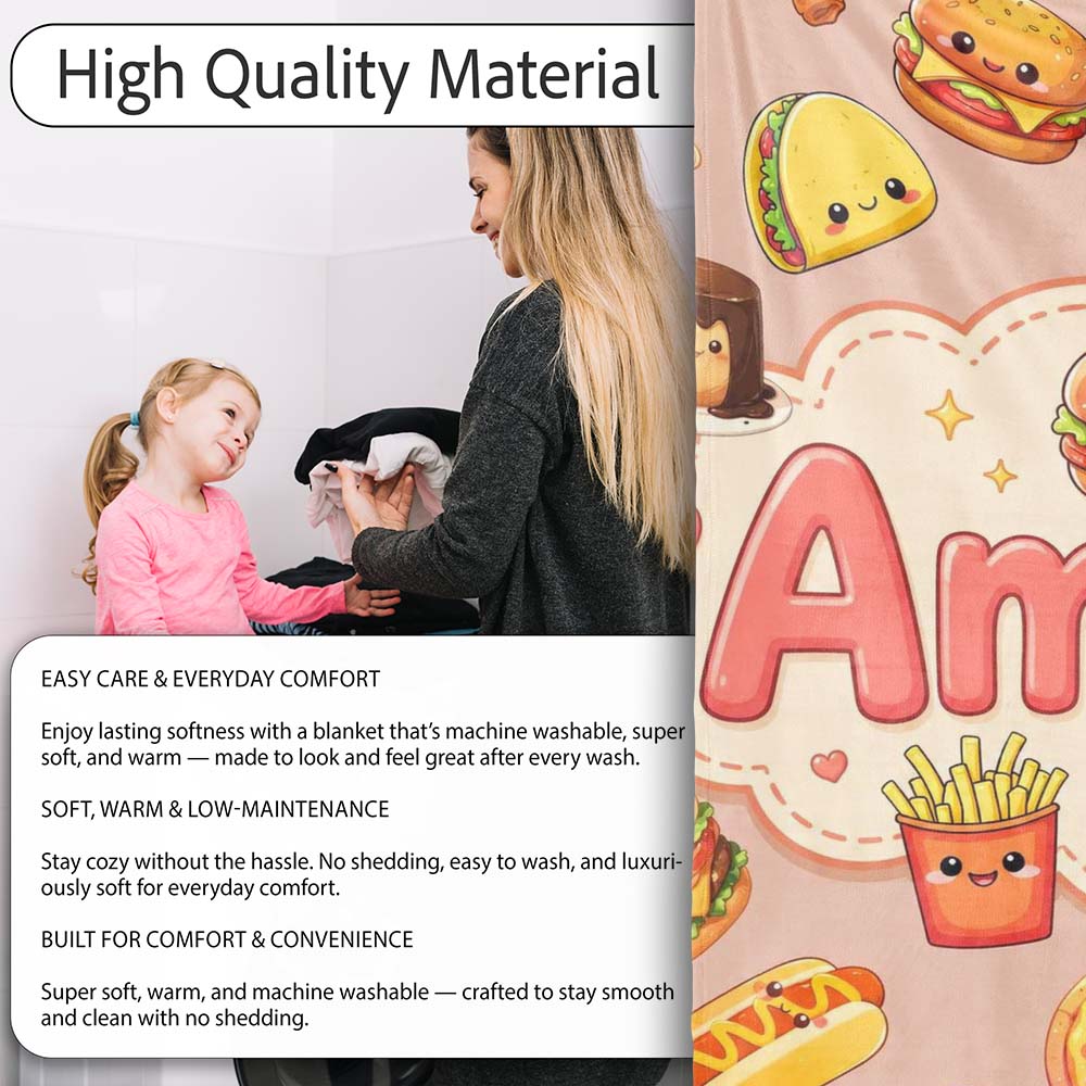 Cute Kawaii Fast Food Sushi Dessert Snacks Seamless Pattern Peach Personalised Custom Name Super Soft Fleece Blanket Bed Sofa Throw