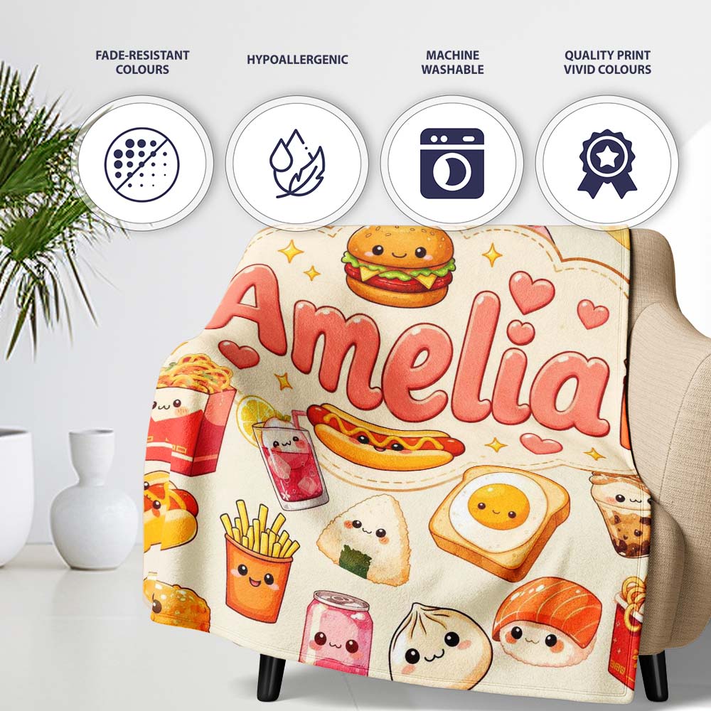 Cute Kawaii Fast Food Sushi Dessert Snacks Seamless Pattern Cream Personalised Custom Name Super Soft Fleece Blanket Bed Sofa Throw