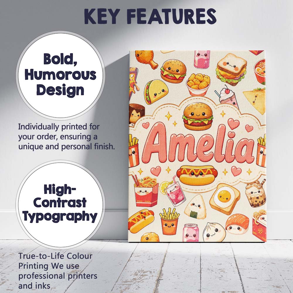 Personalised Name Cute Kawaii Fast Food Custom Modern Room Accent Elegant Feature Canvas Wall Art Print Decor Picture Ready to Hang