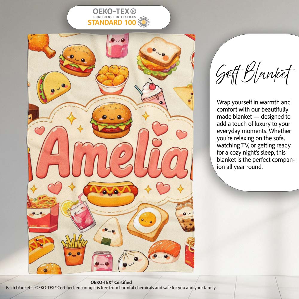 Cute Kawaii Fast Food Sushi Dessert Snacks Seamless Pattern Cream Personalised Custom Name Super Soft Fleece Blanket Bed Sofa Throw