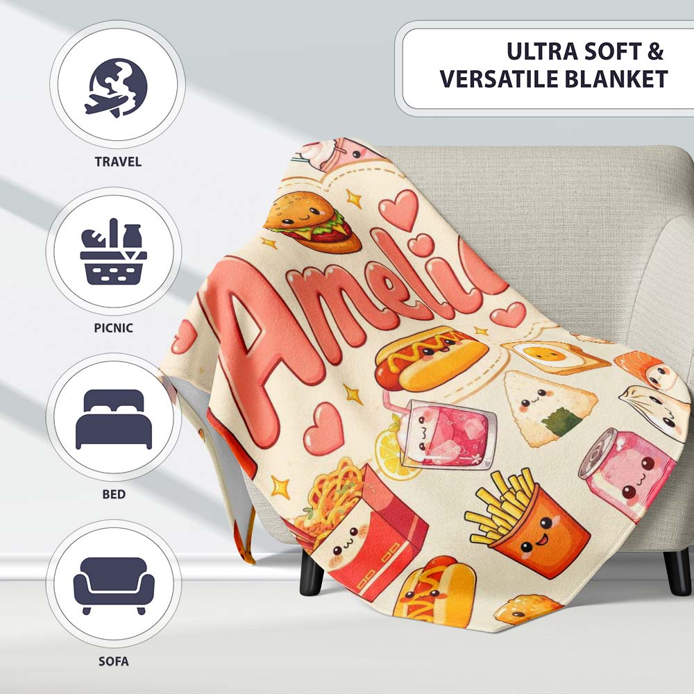 Cute Kawaii Fast Food Sushi Dessert Snacks Seamless Pattern Cream Personalised Custom Name Super Soft Fleece Blanket Bed Sofa Throw