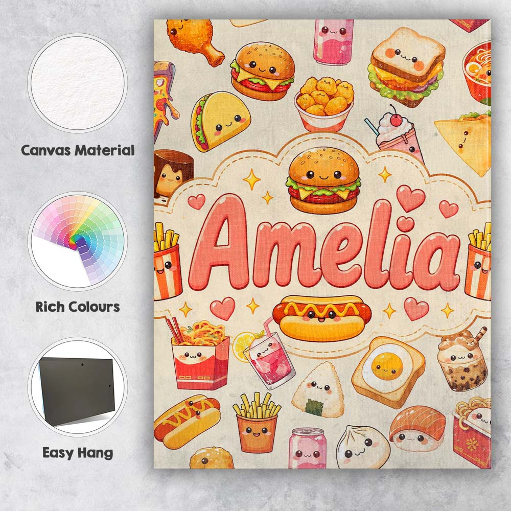 Personalised Name Cute Kawaii Fast Food Custom Modern Room Accent Elegant Feature Canvas Wall Art Print Decor Picture Ready to Hang