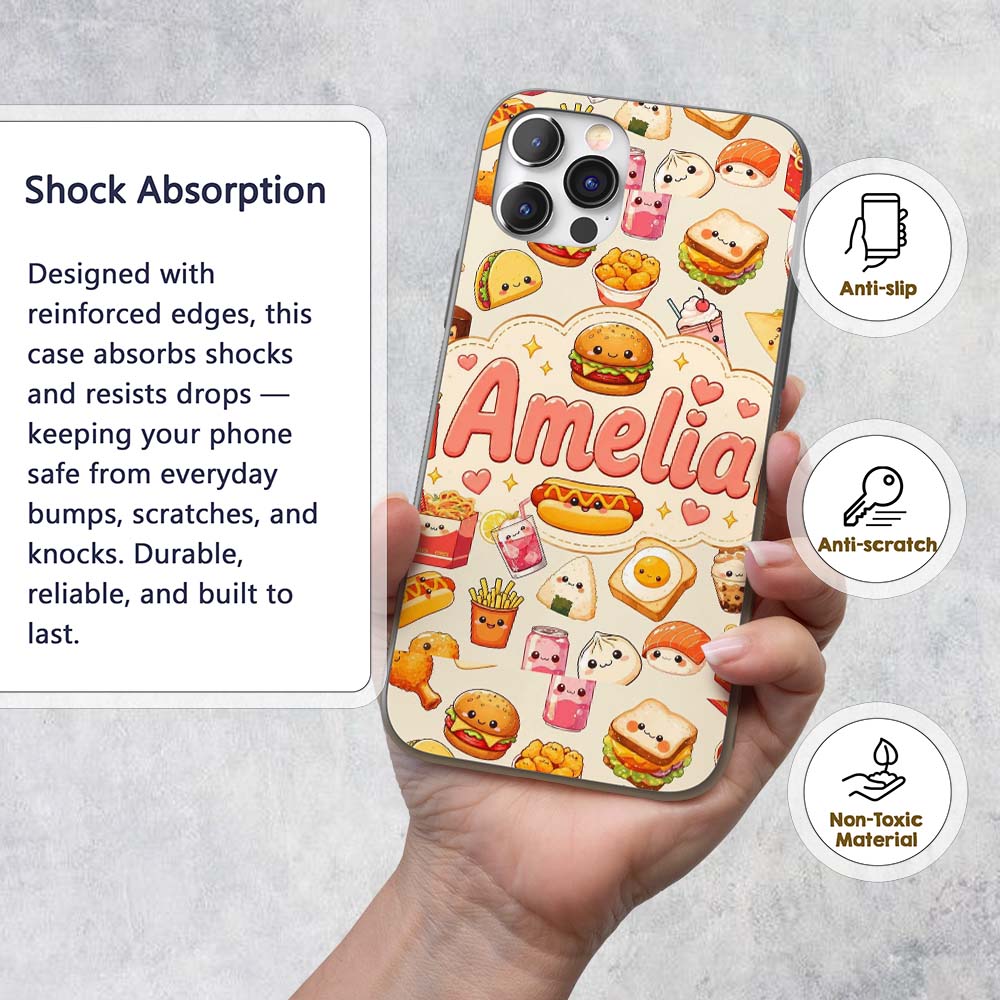 Cute Kawaii Fast Food Sushi Decorative Design Custom Name Protective Phone Case Mobile Cover Durable Everyday Smartphone Shock Resistant