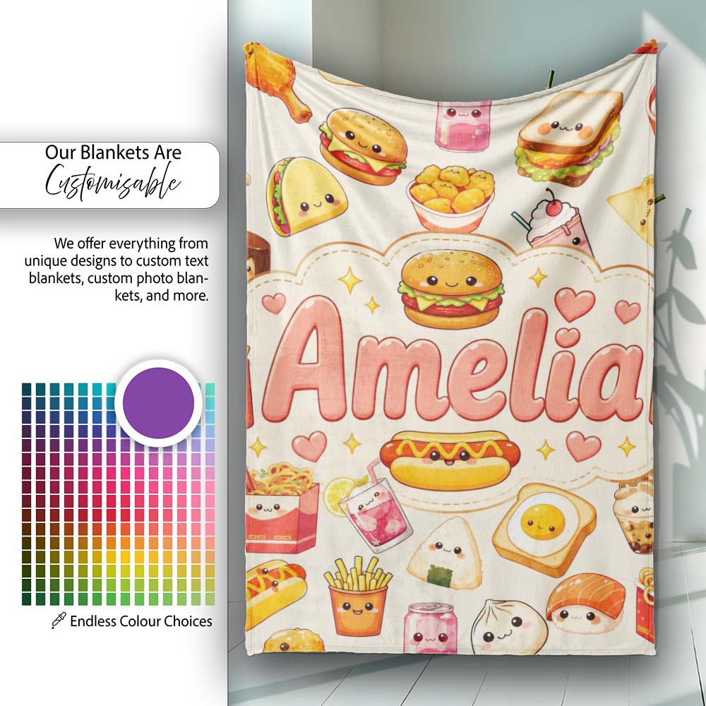 Cute Kawaii Fast Food Sushi Dessert Snacks Seamless Pattern Cream Personalised Custom Name Super Soft Fleece Blanket Bed Sofa Throw