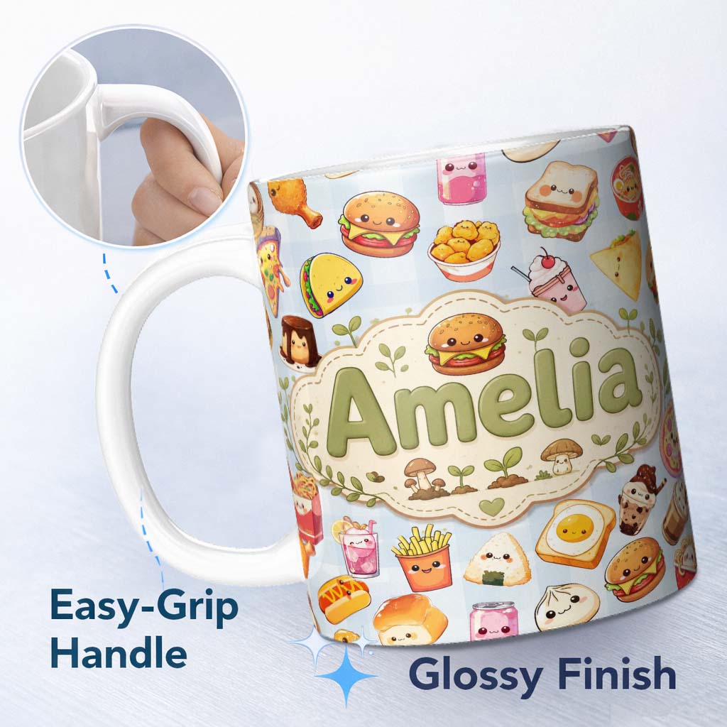 Personalized Custom Name Cute Kawaii Fast Food Snacks Gingham Picnic Background Seamless 11oz Ceramic Coffee Tea Mug White Large Handle