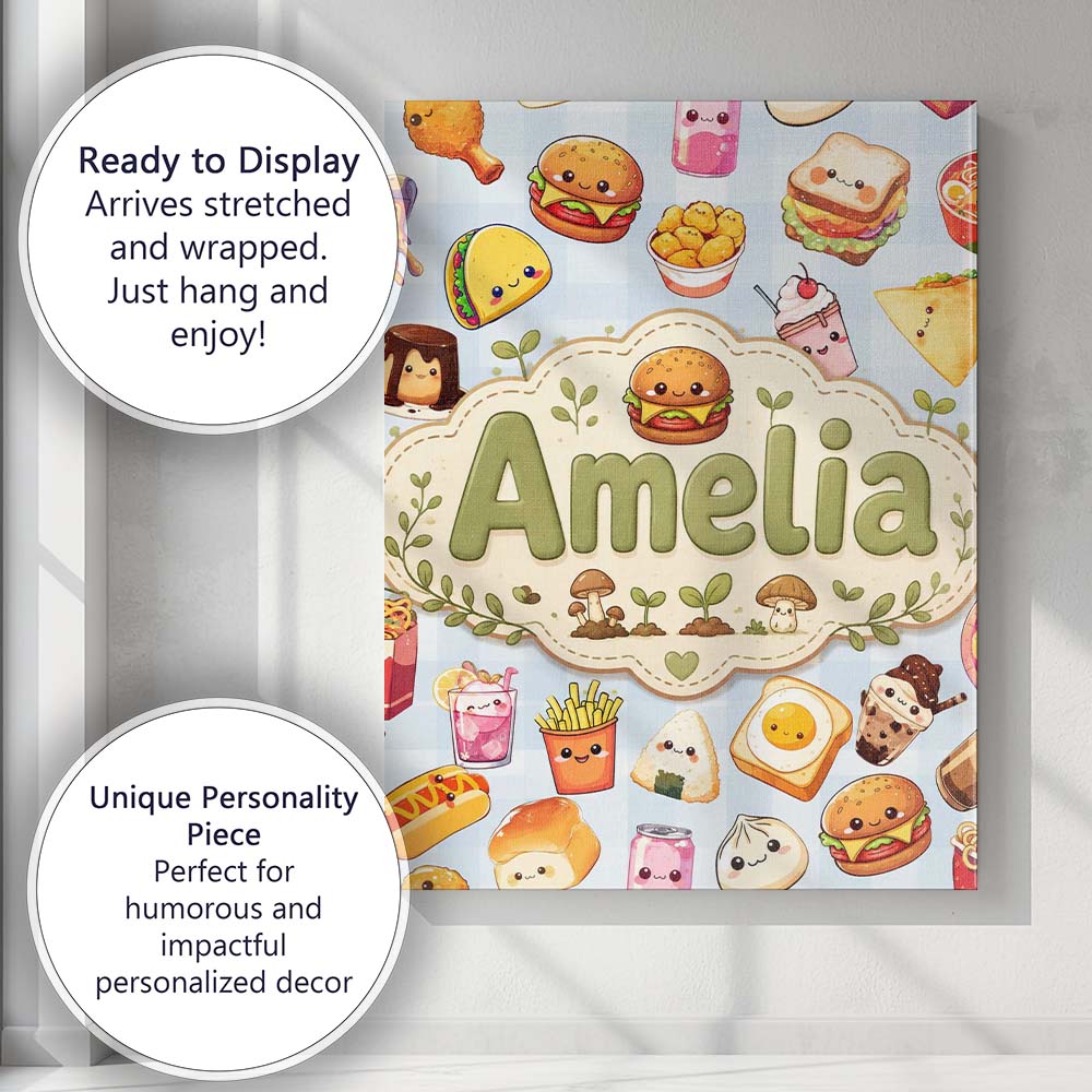 Personalised Name Cute Kawaii Fast Food Custom Modern Room Accent Elegant Feature Canvas Wall Art Print Decor Picture Ready to Hang