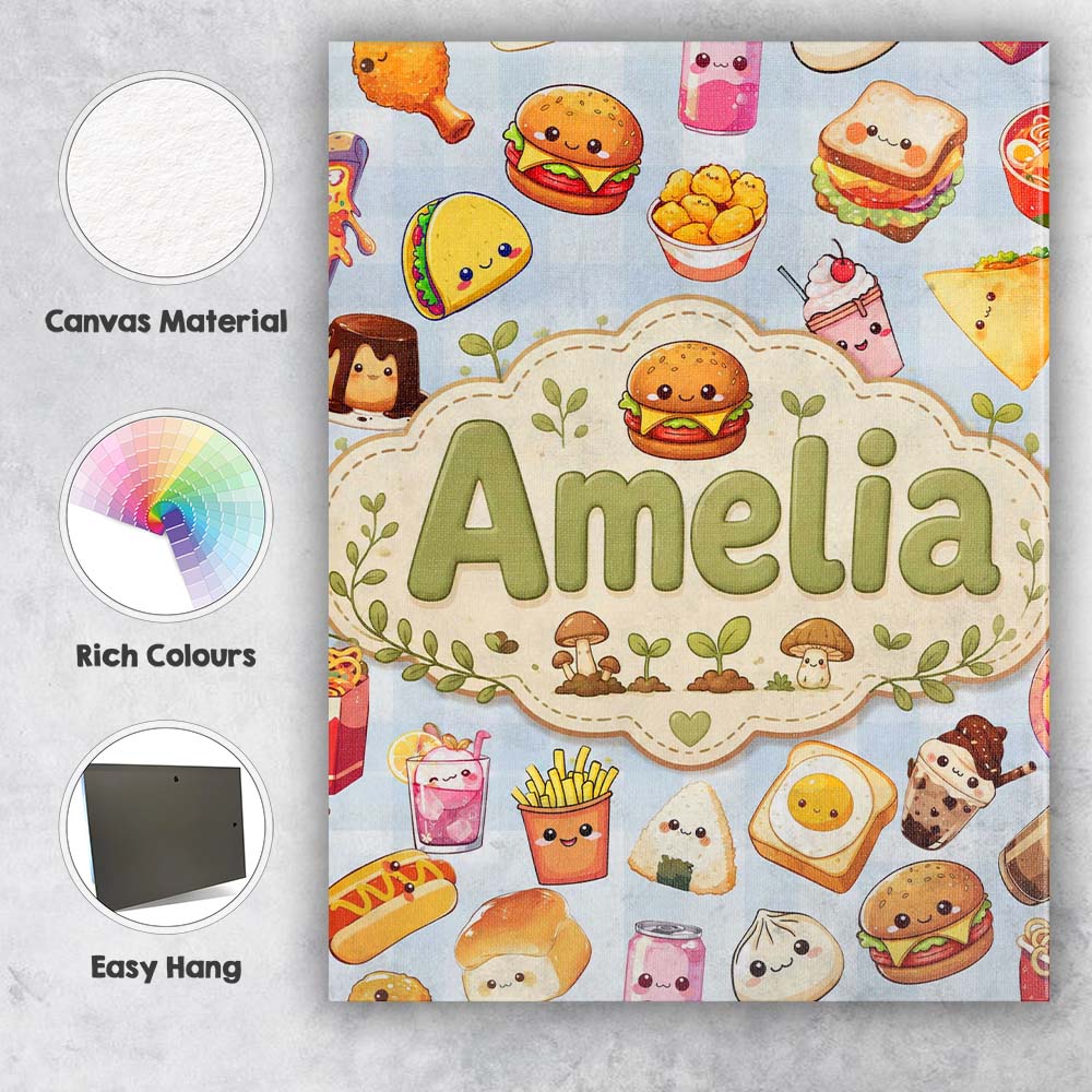 Personalised Name Cute Kawaii Fast Food Custom Modern Room Accent Elegant Feature Canvas Wall Art Print Decor Picture Ready to Hang