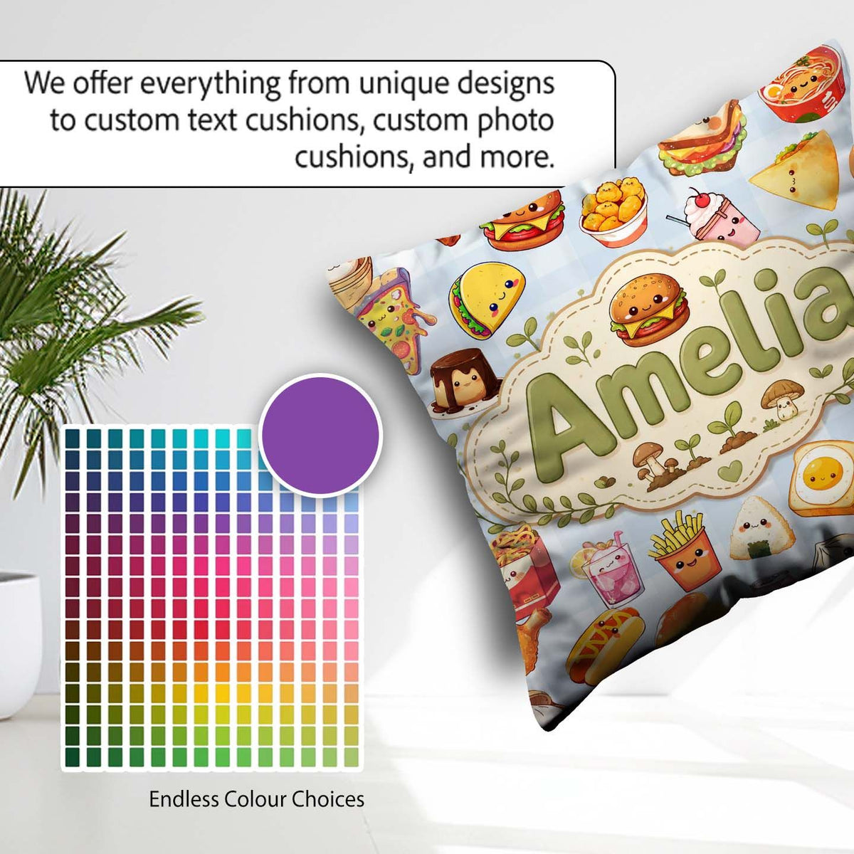 Custom Name Cute Kawaii Fast Food Snacks Gingham Picnic Seamless Square Filled Cushion Throw Pillow Sofa Bed Home Decor Zip Washable UK Made