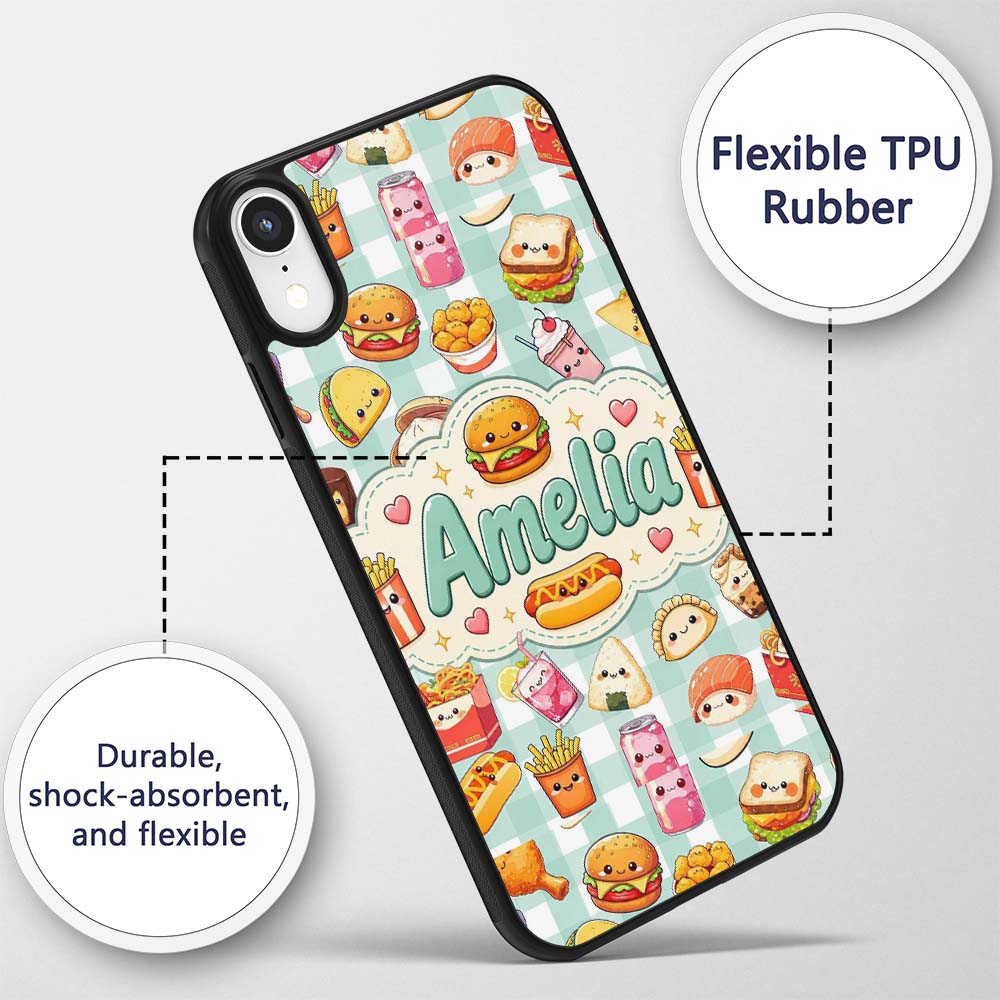 Cute Kawaii Fast Food Snacks Gingham Picnic Mint Custom Name Protective Phone Case Mobile Cover Durable Everyday Smartphone Shock Resistant