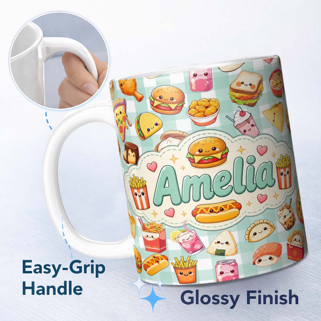 Personalized Custom Name Cute Kawaii Fast Food Snacks Gingham Picnic Mint Background 11oz Ceramic Coffee Tea Mug White Large Handle