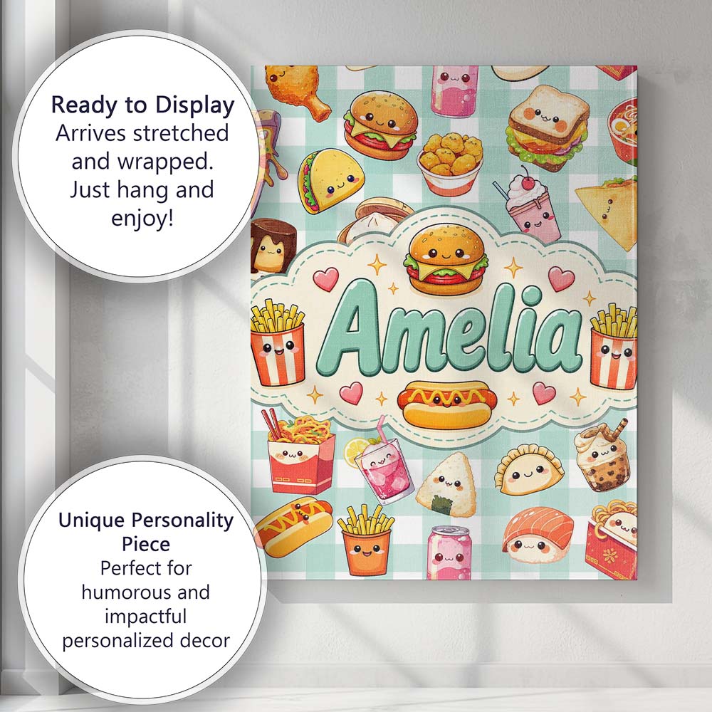 Personalised Name Cute Kawaii Fast Food Custom Modern Room Accent Elegant Feature Canvas Wall Art Print Decor Picture Ready to Hang