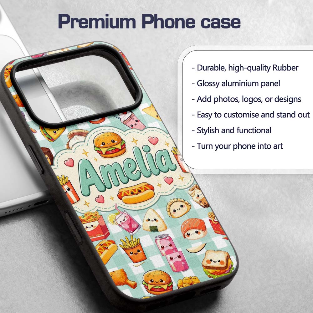 Cute Kawaii Fast Food Snacks Gingham Picnic Mint Custom Name Protective Phone Case Mobile Cover Durable Everyday Smartphone Shock Resistant