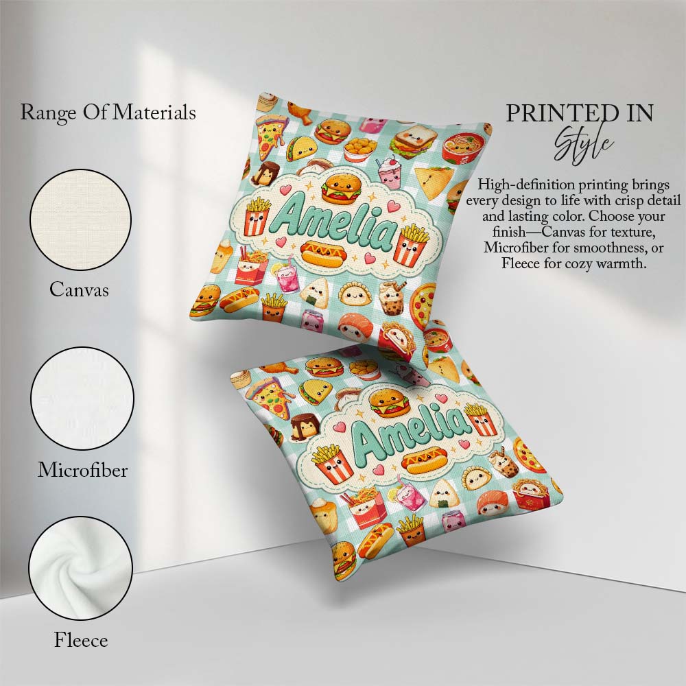 Custom Name Cute Kawaii Fast Food Snacks Gingham Mint Background Square Filled Cushion Throw Pillow Sofa Bed Home Decor Zip Washable UK Made
