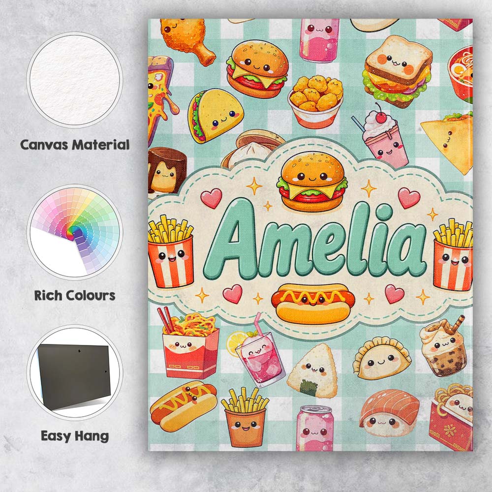 Personalised Name Cute Kawaii Fast Food Custom Modern Room Accent Elegant Feature Canvas Wall Art Print Decor Picture Ready to Hang