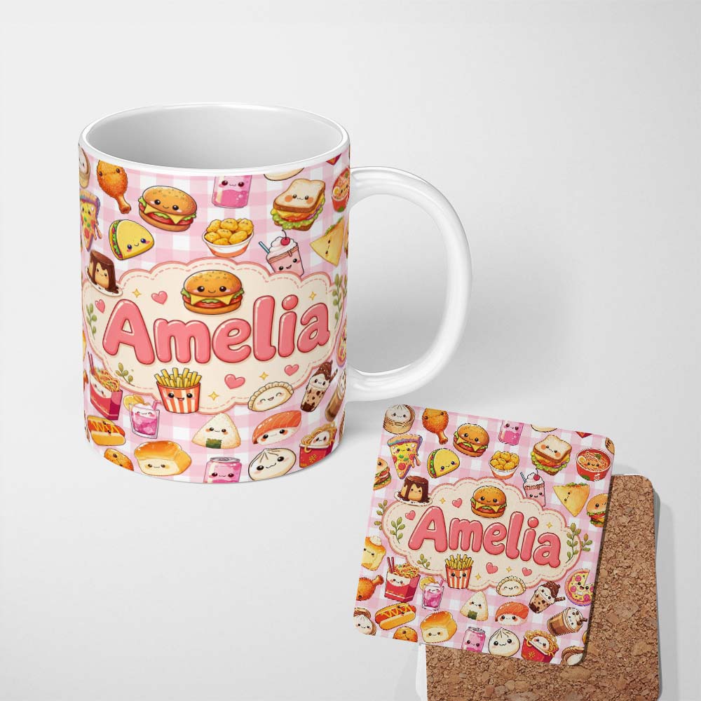 Personalized Custom Name Cute Kawaii Fast Food Snacks Gingham Picnic Pink Background 11oz Ceramic Coffee Tea Mug White Large Handle
