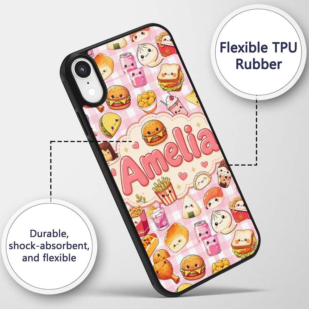 Cute Kawaii Fast Food Snacks Gingham Picnic Pink Custom Name Protective Phone Case Mobile Cover Durable Everyday Smartphone Shock Resistant