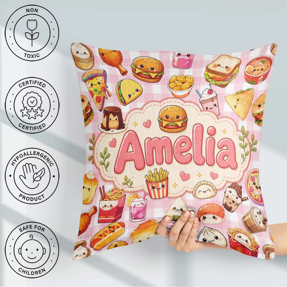 Custom Name Cute Kawaii Fast Food Snacks Gingham Pink Background Square Filled Cushion Throw Pillow Sofa Bed Home Decor Zip Washable UK Made