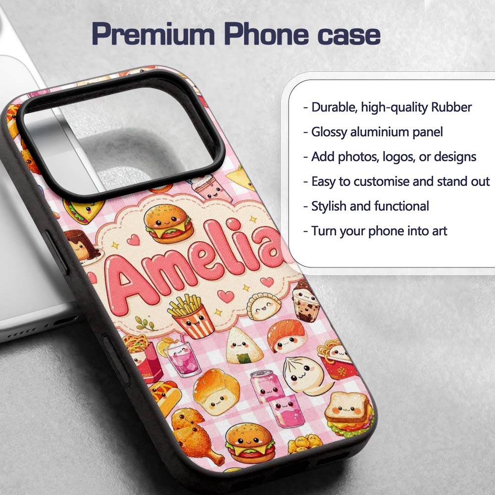 Cute Kawaii Fast Food Snacks Gingham Picnic Pink Custom Name Protective Phone Case Mobile Cover Durable Everyday Smartphone Shock Resistant