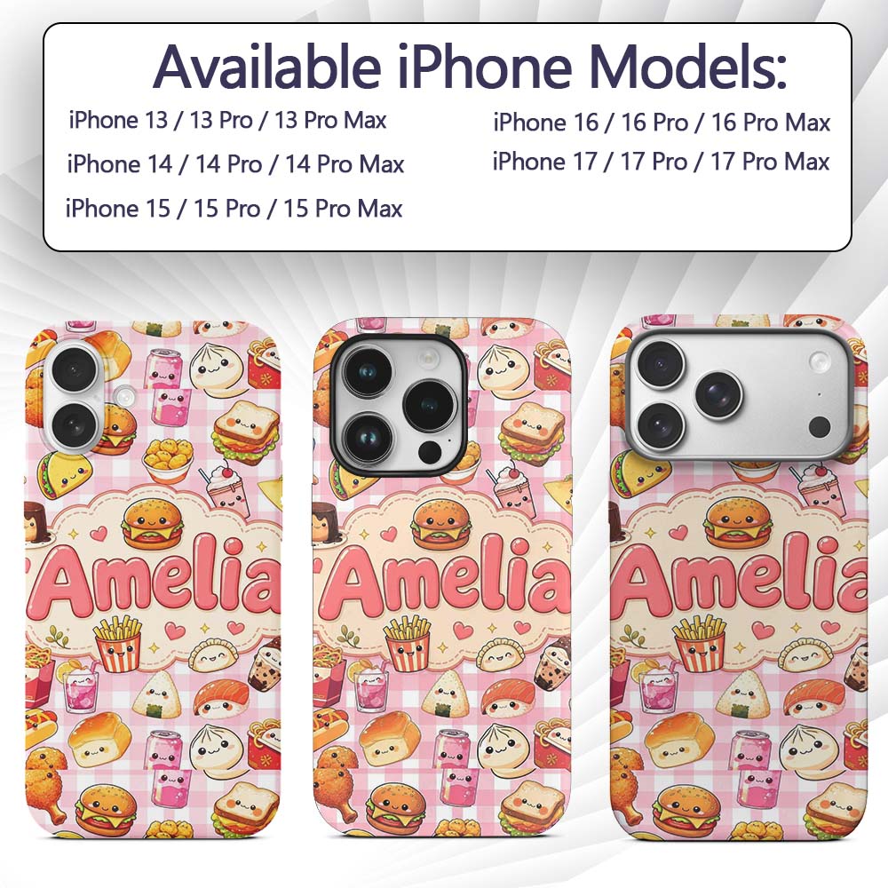 Cute Kawaii Fast Food Snacks Gingham Picnic Pink Custom Name Protective Phone Case Mobile Cover Durable Everyday Smartphone Shock Resistant