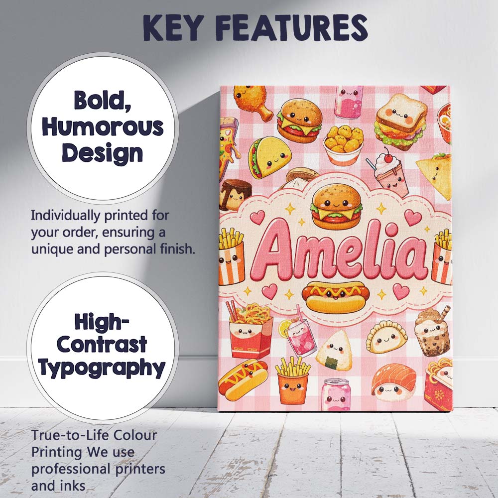 Personalised Name Cute Kawaii Fast Food Custom Modern Room Accent Elegant Feature Canvas Wall Art Print Decor Picture Ready to Hang