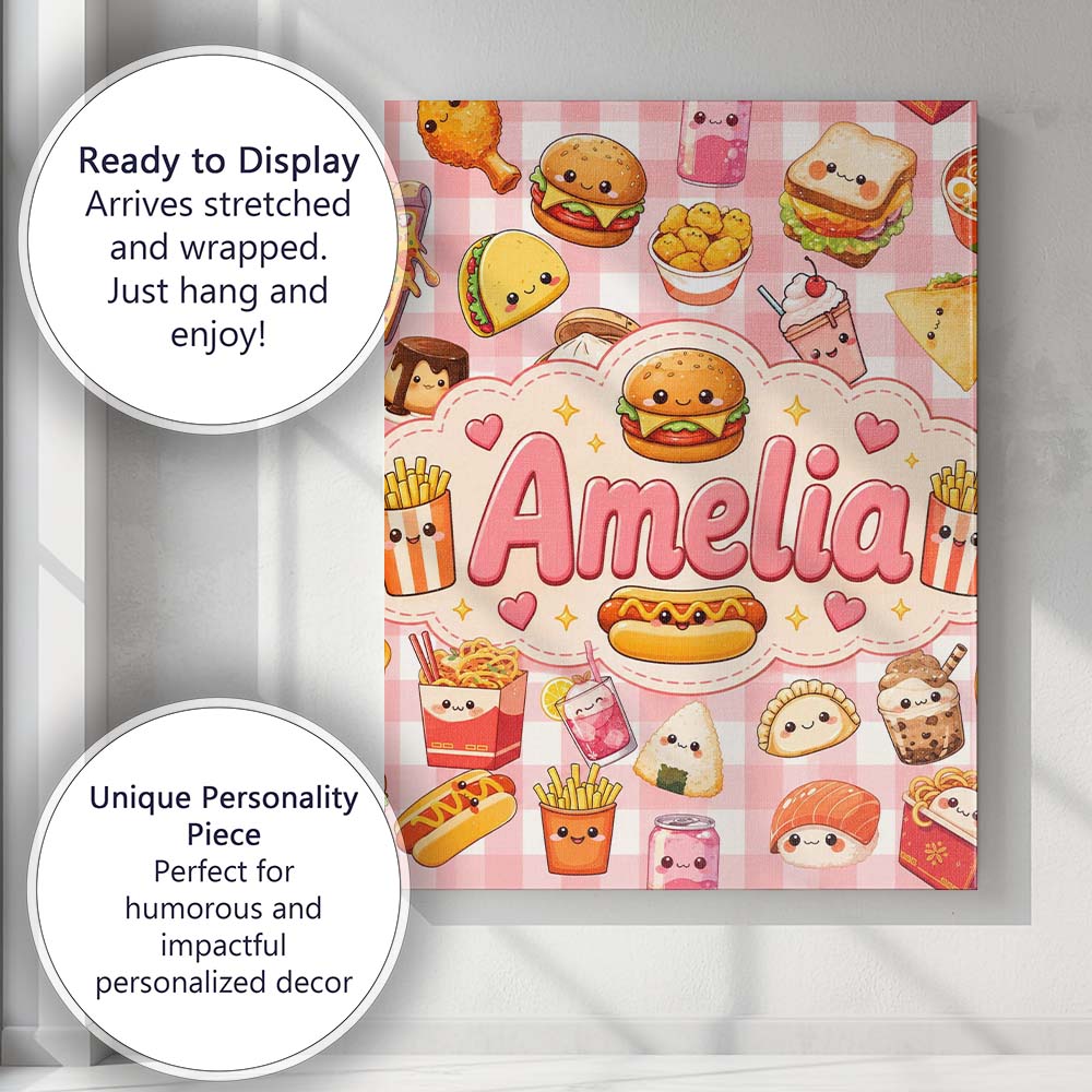 Personalised Name Cute Kawaii Fast Food Custom Modern Room Accent Elegant Feature Canvas Wall Art Print Decor Picture Ready to Hang