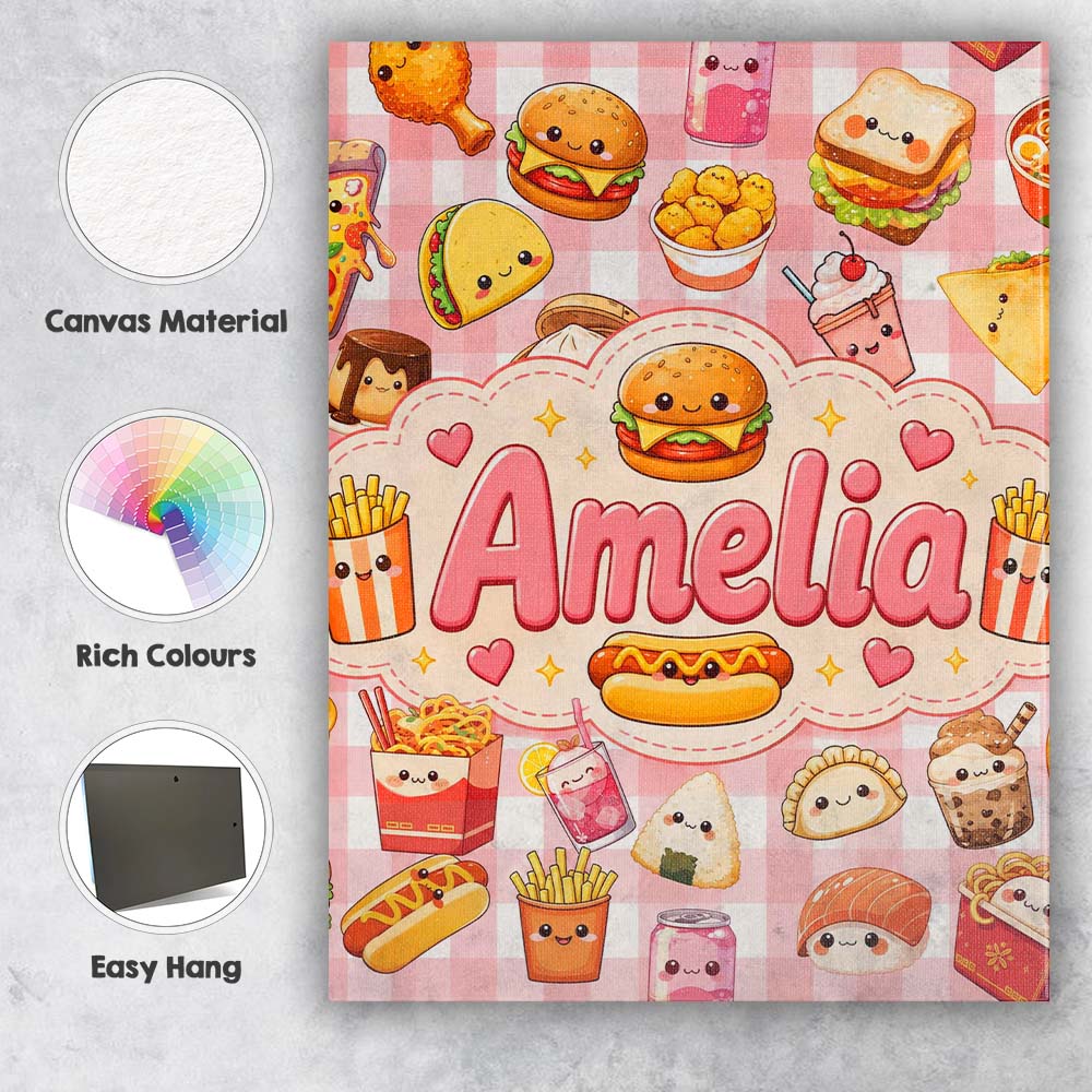 Personalised Name Cute Kawaii Fast Food Custom Modern Room Accent Elegant Feature Canvas Wall Art Print Decor Picture Ready to Hang