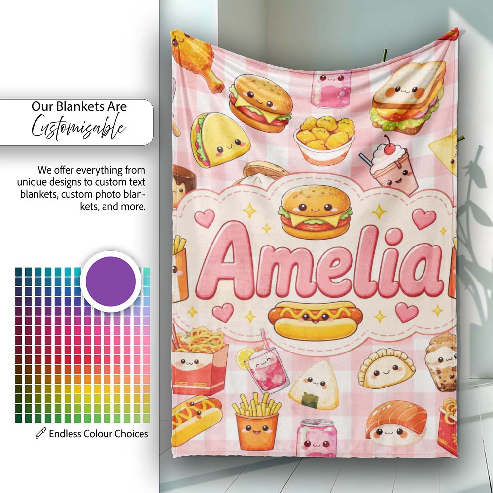 Cute Kawaii Fast Food Snacks Gingham Picnic Red Background Seamless Personalised Custom Name Super Soft Fleece Blanket Bed Sofa Throw