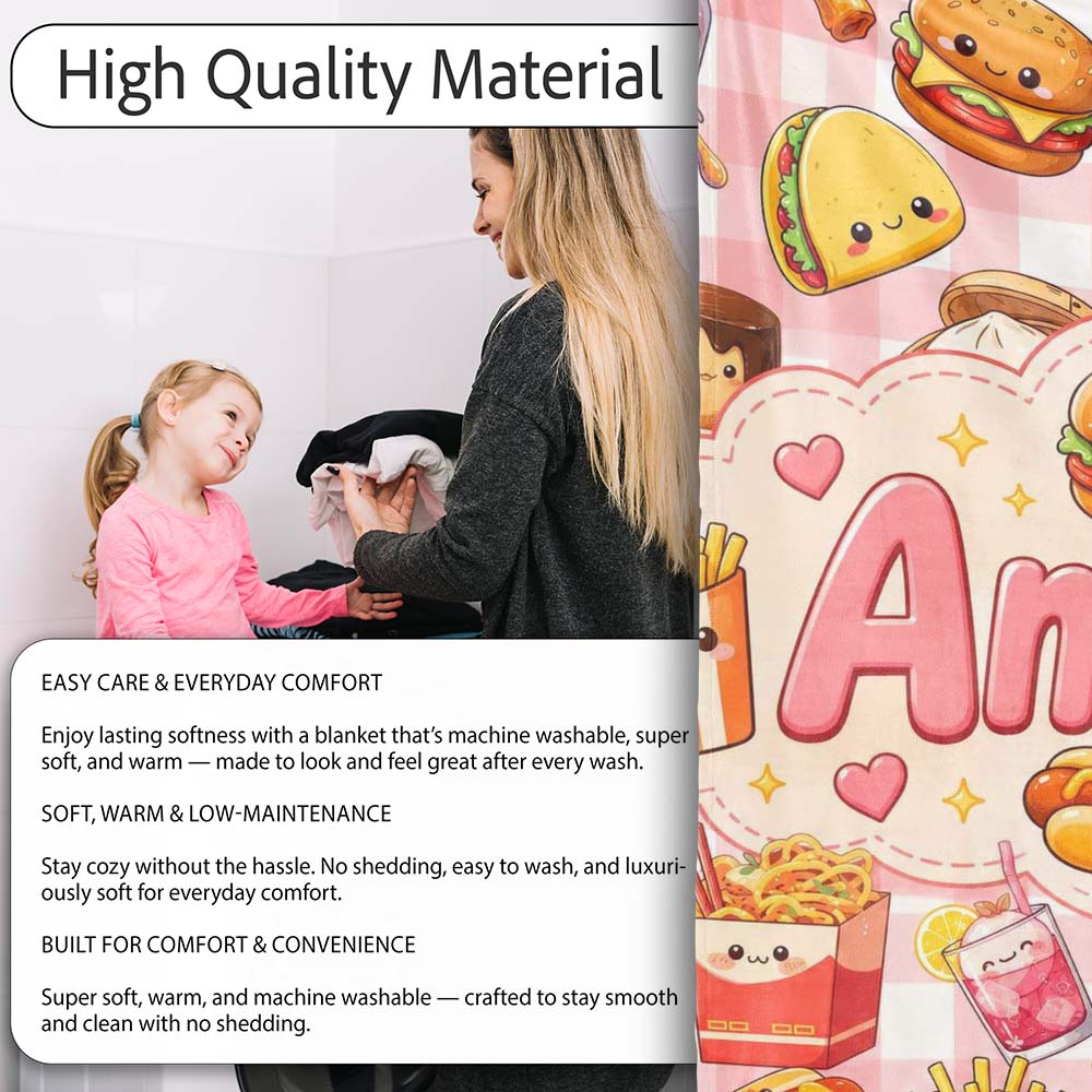 Cute Kawaii Fast Food Snacks Gingham Picnic Red Background Seamless Personalised Custom Name Super Soft Fleece Blanket Bed Sofa Throw