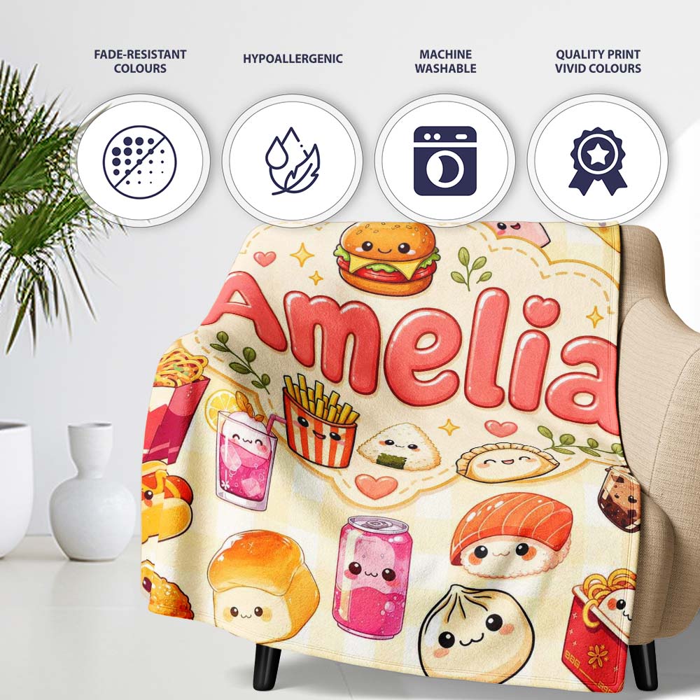 Cute Kawaii Fast Food Snacks Gingham Picnic Beige Background Personalised Custom Name Super Soft Fleece Blanket Bed Sofa Throw