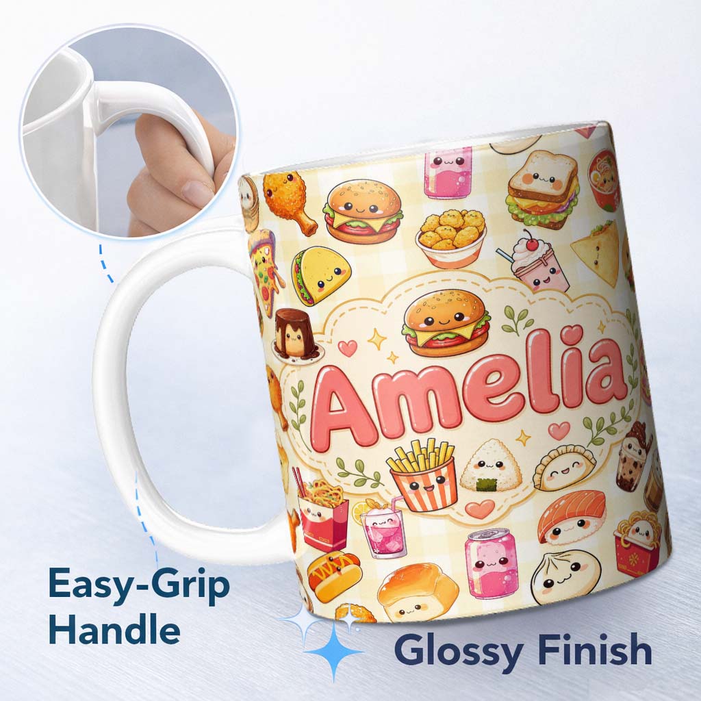 Personalized Custom Name Cute Kawaii Fast Food Snacks Gingham Picnic Beige Background 11oz Ceramic Coffee Tea Mug White Large Handle