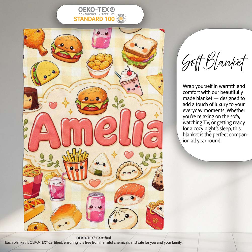Cute Kawaii Fast Food Snacks Gingham Picnic Beige Background Personalised Custom Name Super Soft Fleece Blanket Bed Sofa Throw