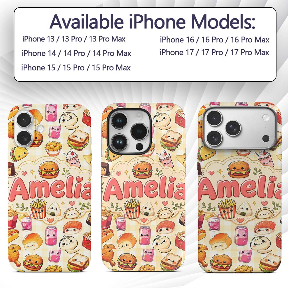Cute Kawaii Fast Food Snacks Gingham Picnic Beige Custom Name Protective Phone Case Mobile Cover Durable Everyday Smartphone Shock Resistant