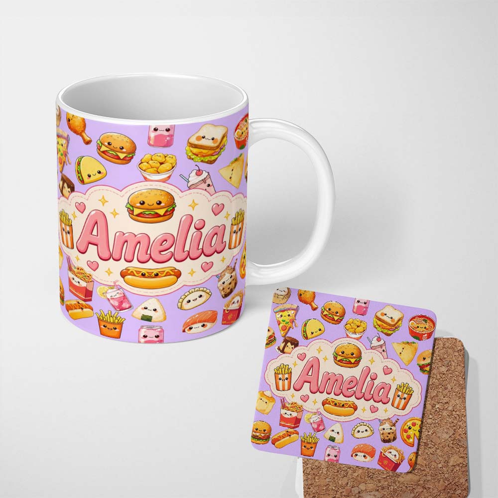 Personalized Custom Name Cute Kawaii Fast Food Snacks Gingham Picnic Purple Background 11oz Ceramic Coffee Tea Mug White Large Handle