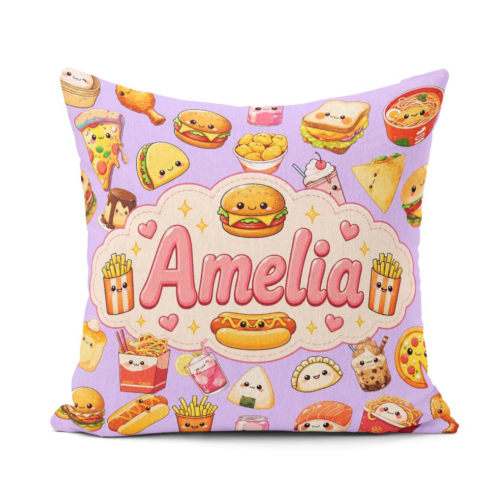Custom Name Cute Kawaii Fast Food Snacks Gingham Picnic Purple Square Filled Cushion Throw Pillow Sofa Bed Home Decor Zip Washable UK Made