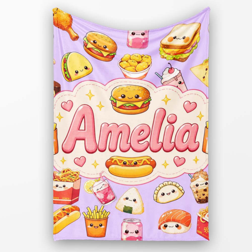 Cute Kawaii Fast Food Snacks Gingham Picnic Purple Background Personalised Custom Name Super Soft Fleece Blanket Bed Sofa Throw