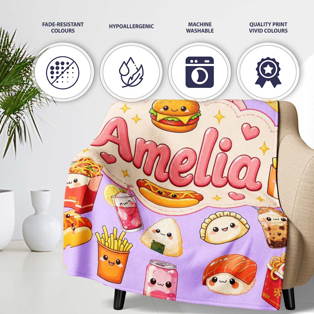 Cute Kawaii Fast Food Snacks Gingham Picnic Purple Background Personalised Custom Name Super Soft Fleece Blanket Bed Sofa Throw