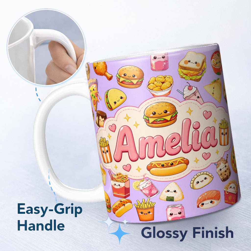Personalized Custom Name Cute Kawaii Fast Food Snacks Gingham Picnic Purple Background 11oz Ceramic Coffee Tea Mug White Large Handle