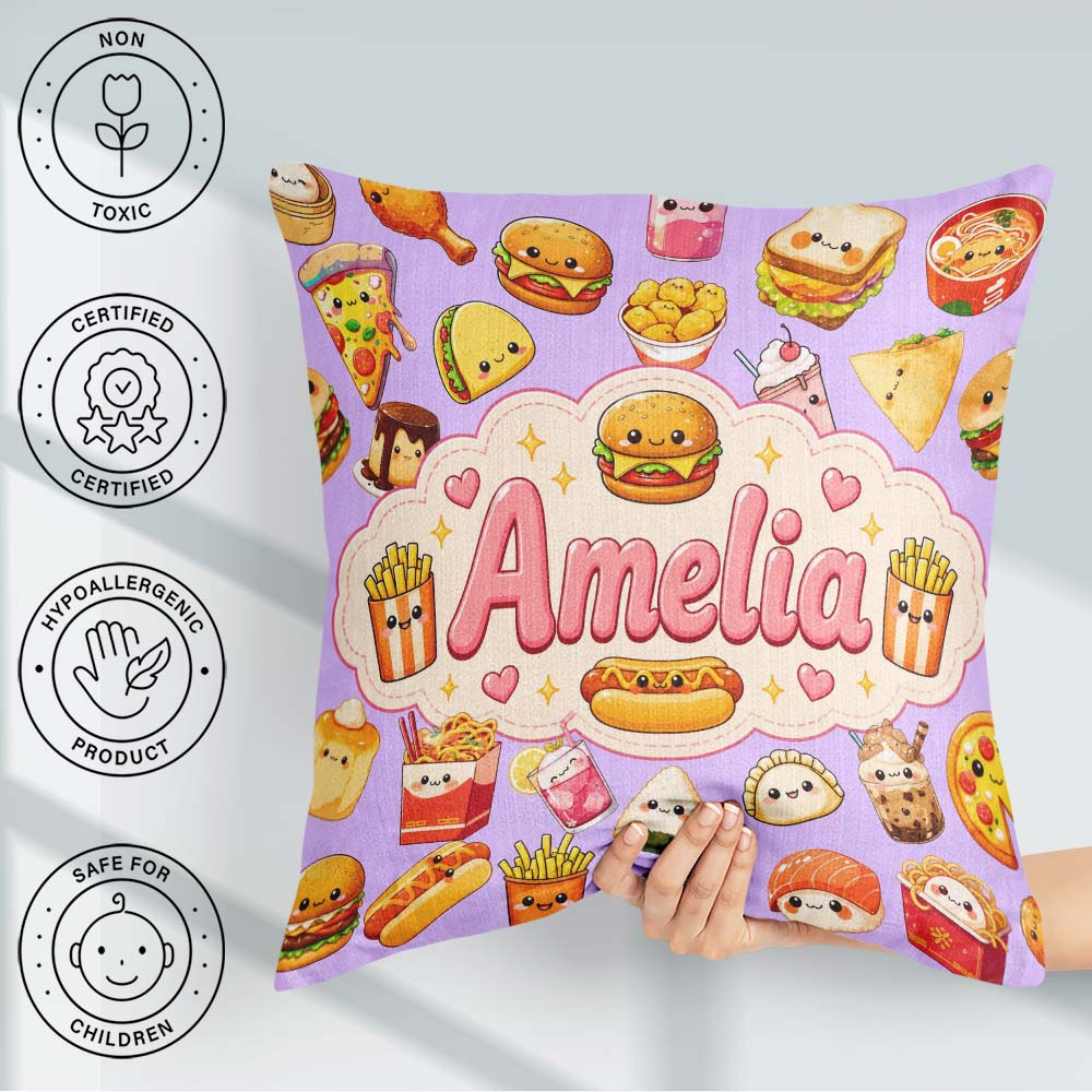 Custom Name Cute Kawaii Fast Food Snacks Gingham Picnic Purple Square Filled Cushion Throw Pillow Sofa Bed Home Decor Zip Washable UK Made