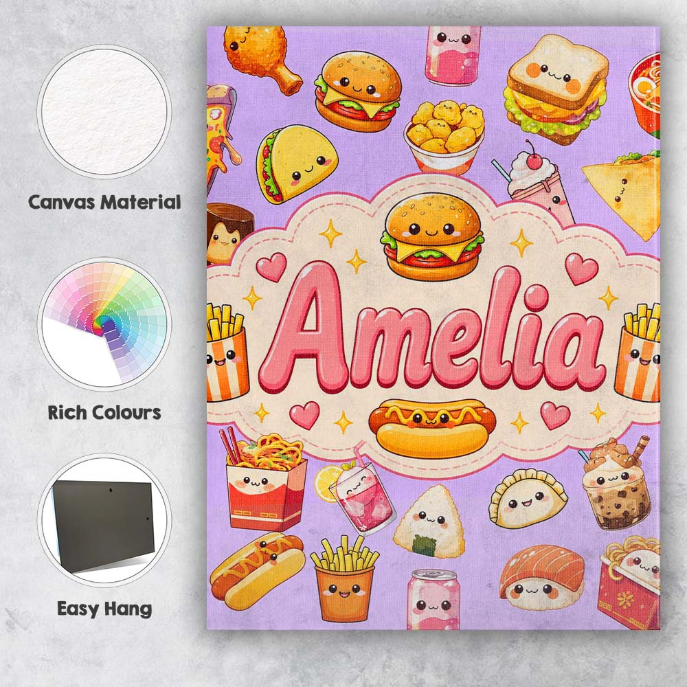 Personalised Name Cute Kawaii Fast Food Custom Modern Room Accent Elegant Feature Canvas Wall Art Print Decor Picture Ready to Hang